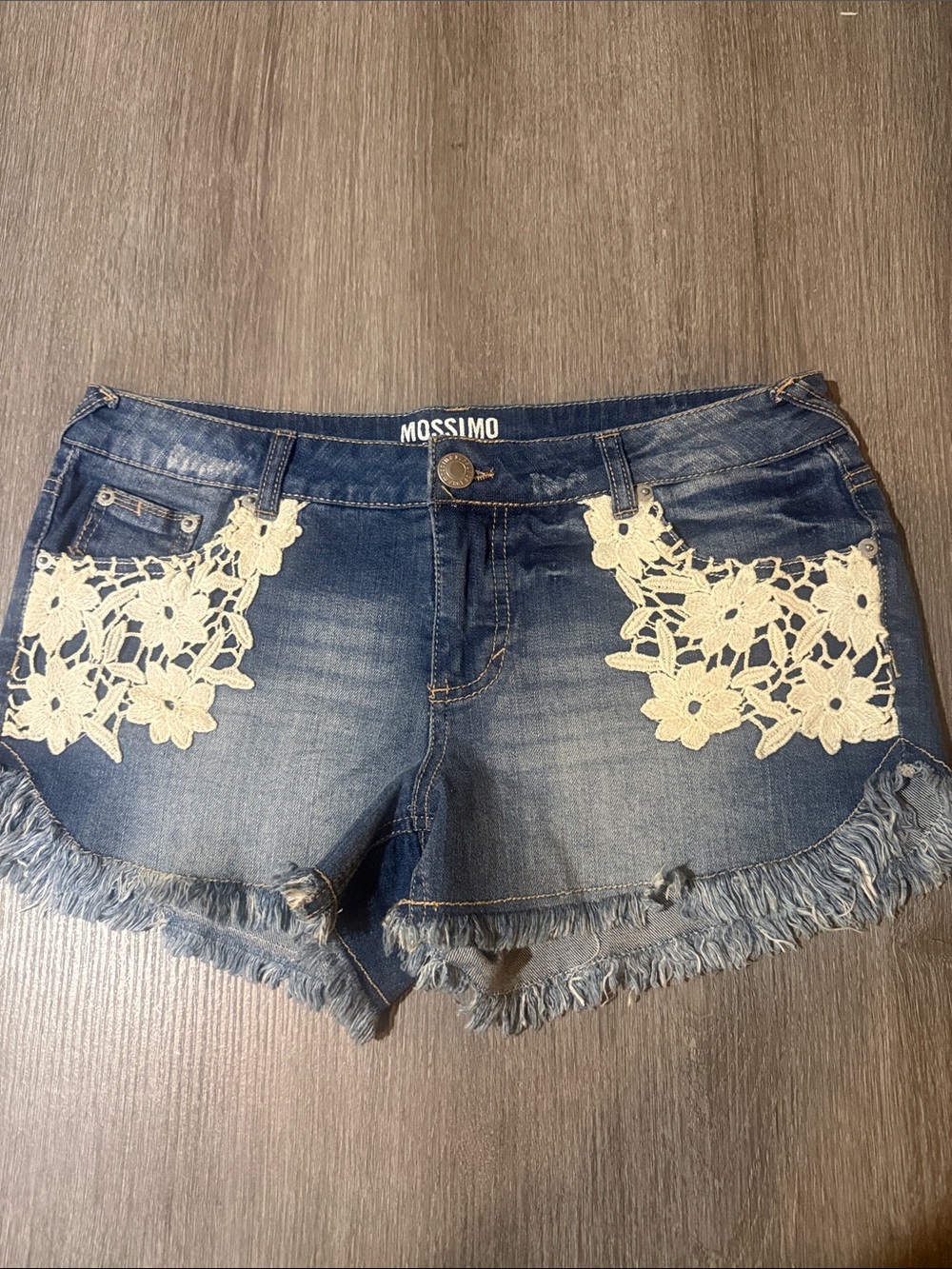 Mossimo Supply Co. Blue Denim Shorts with Cream Crochet Applique